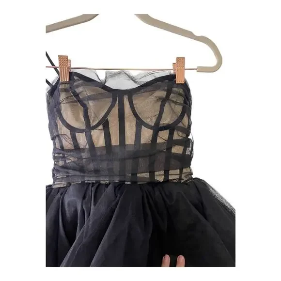 NBD Paula Corset Gown Strapless Tulle Hi-Low Tiered Ruffle Skirt Black Size XS